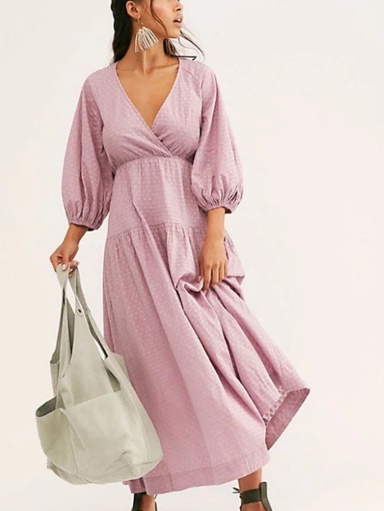 Free People Dresses & Skirts - Free People Like Air Mauve Wrap Midi Dress with Puff Sleeves